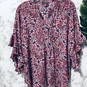 Vince Сamuto Floral Blouse Womens Size Medium Popover Sheer Ruffle Sleeves